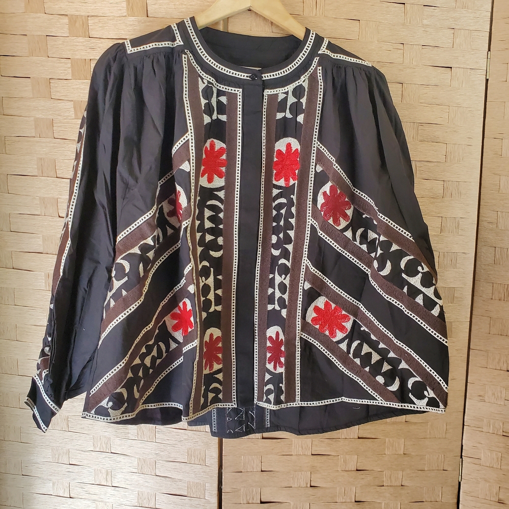 Liberté Embroidered Blouse Size Medium Black Plein Soleil